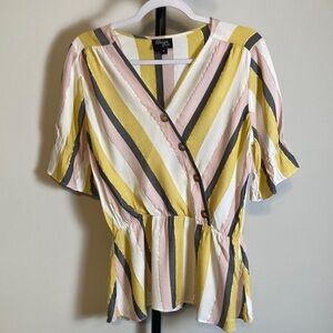 EUC Beige by ECI Top Striped V-Neck Peplum Blouse White Pink Black Gold Medium